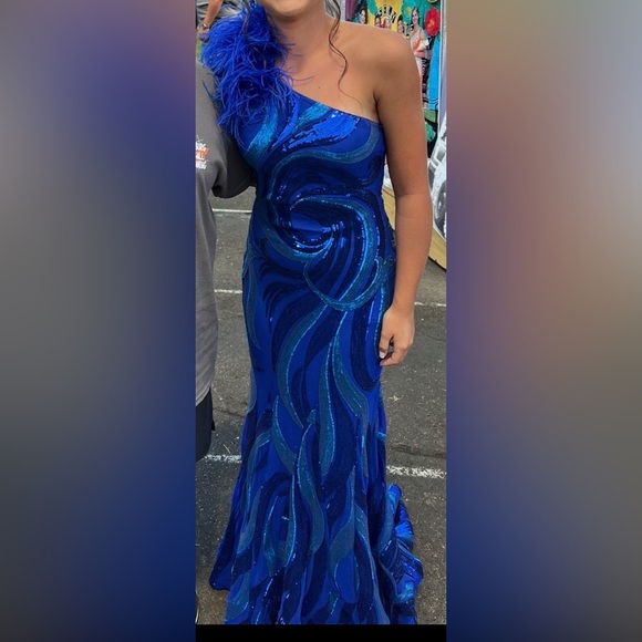 Jovani One-Shoulder Blue Prom Dress - Picture 3 of 8